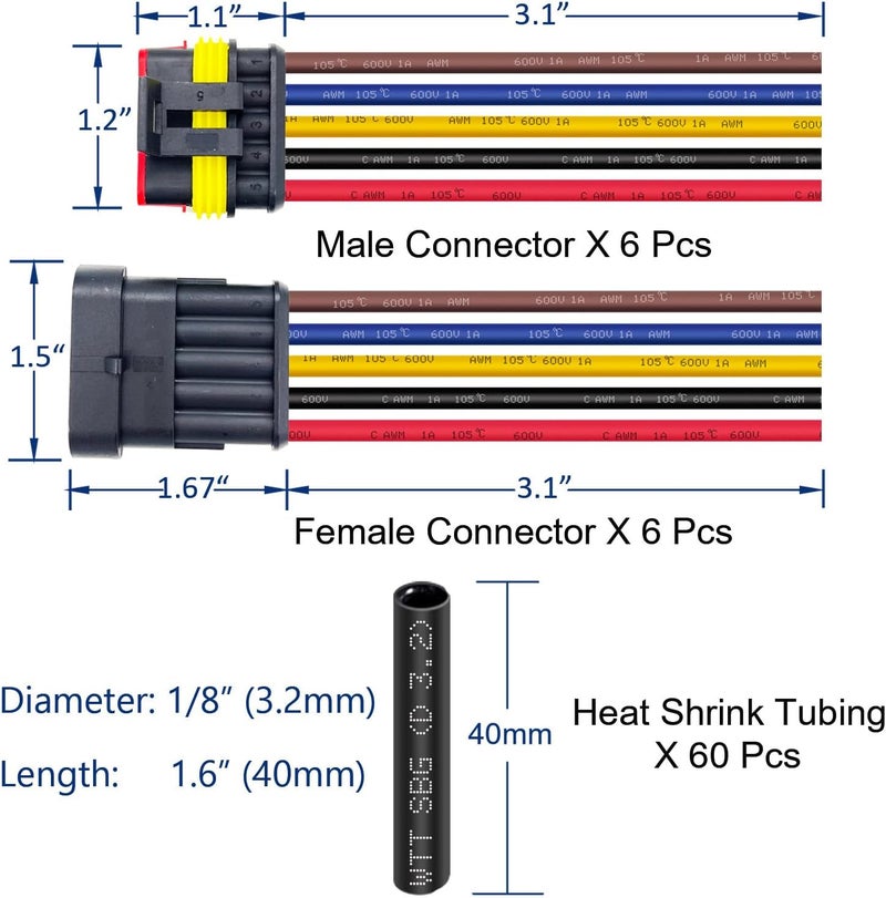 Twippo 6 Kit 16 AWG 5 Pin Connector Car Waterproof Wire Connectors 5 Pin Automotive Electrical Connectors Quick Disconnect 5 Way Wire Terminal Connector Plug and Heat Shrink Tubing Kit - Image 3